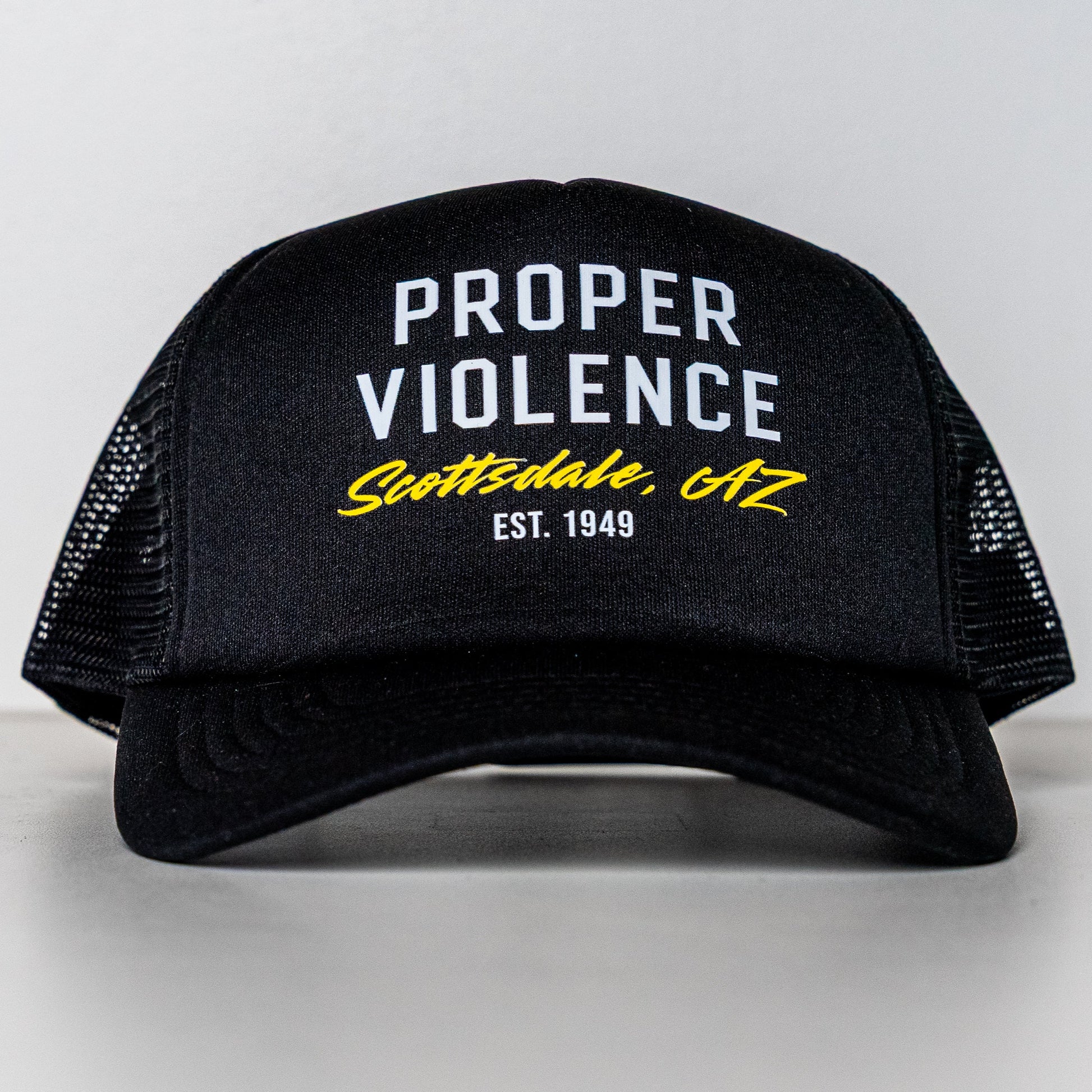 Front view of Proper Violence Scottsdale AZ Trucker Hat with logo